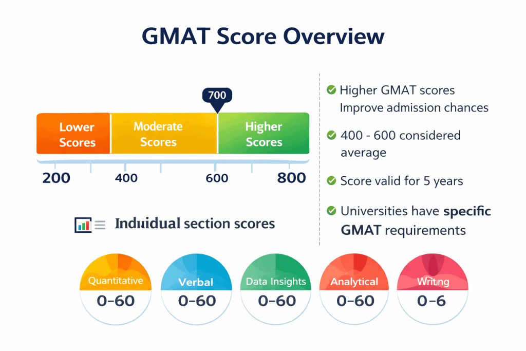 GMAT score overview showing GMAT score range from 200 to 800 with section-wise scores

