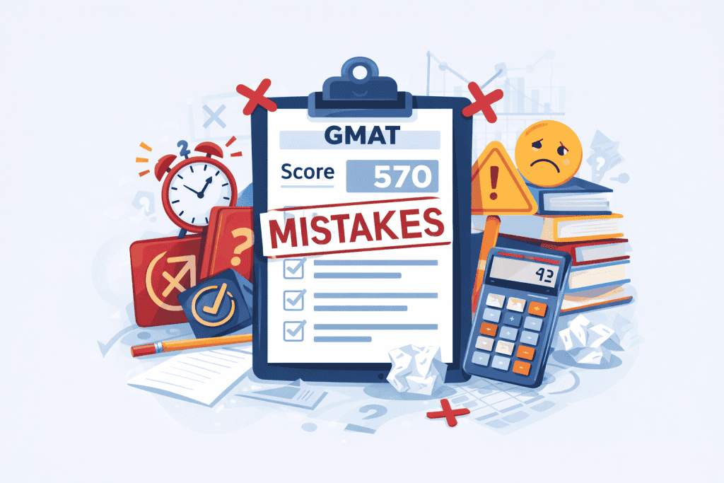 GMAT preparation mistakes illustration highlighting score-impacting errors and exam stress