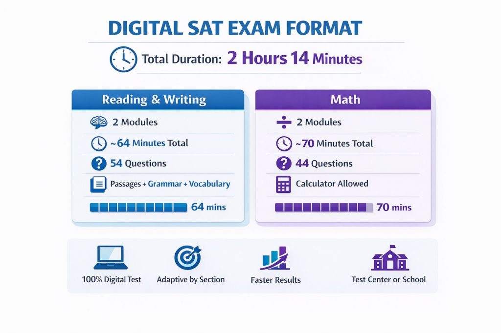 Digital SAT exam format infographic showing Reading & Writing and Math sections with total duration of 2 hours 14 minutes
