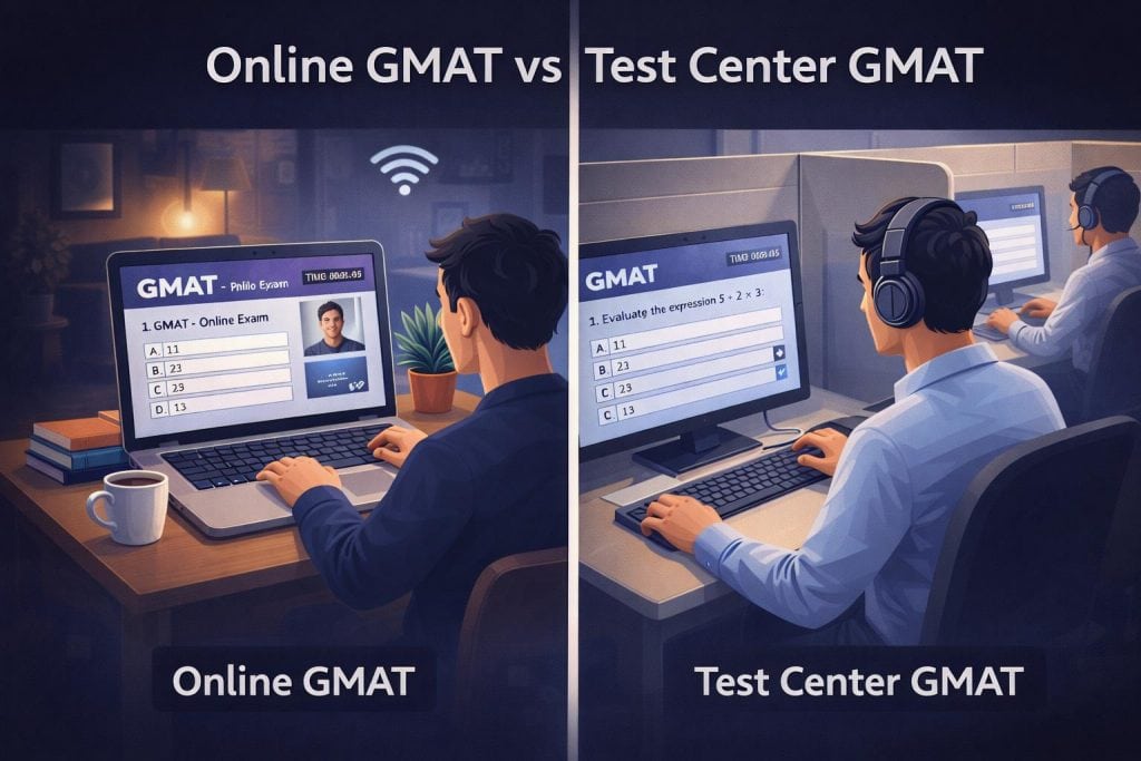 Illustration comparing Online GMAT and Test Center GMAT, showing a student taking the exam from home on a laptop versus another student taking GMAT at a test center