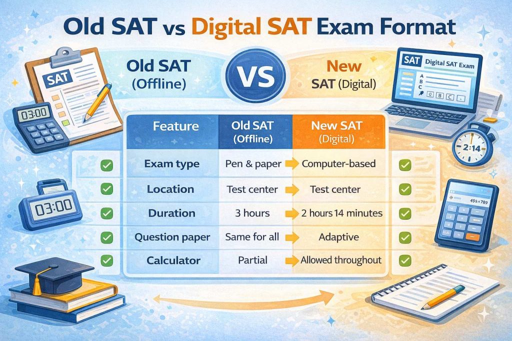 sat exam online or offline old vs digital format infographic
